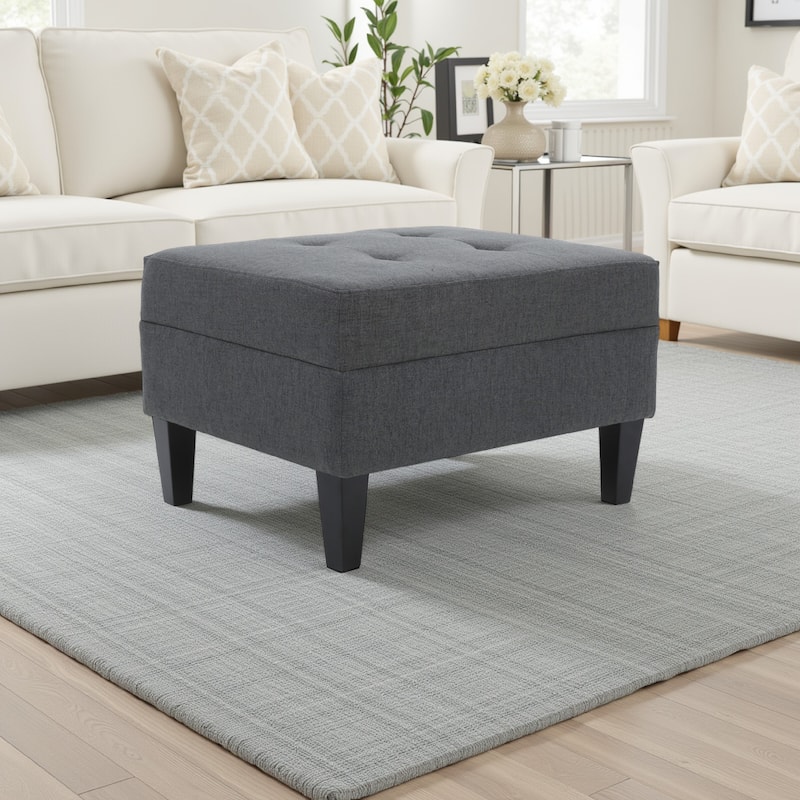Sabby Ottoman with Tapered Birch Wood Legs, Dark Gray Fabric 29 Inch