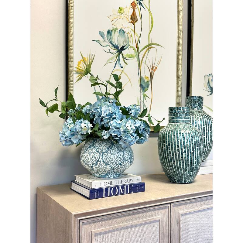 Hydrangea Floral Arrangement in a Decorative Ceramic Vase - Blue, White