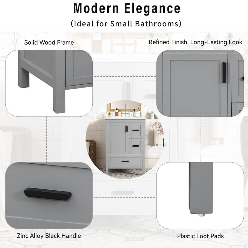 Solid Wood Frame Bathroom Vanity Cabinet with Ceramic Sink, Space-Saving 24-Inch Vanity
