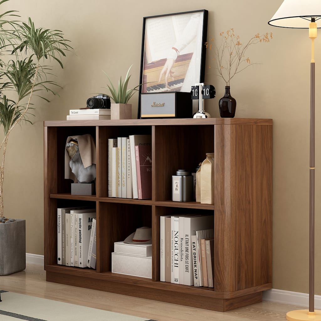 6 Cube Storage Bookcase, 40"W Low Horizontal Book Shelf with Curved Edge, Wood Floor Standing 2-Tier Bookshelf with Base