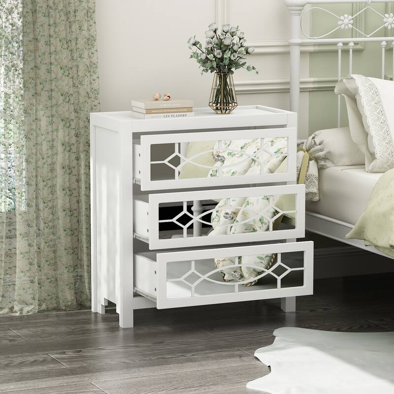 End Table Nightstand Bedside Table Mirrored Cutout Chest Beside Table - White