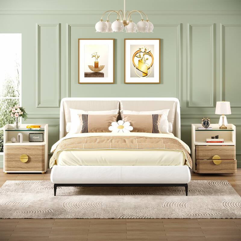 White/ Brown Wood Modern Large 2-Drawer Bedside Table for Bedroom