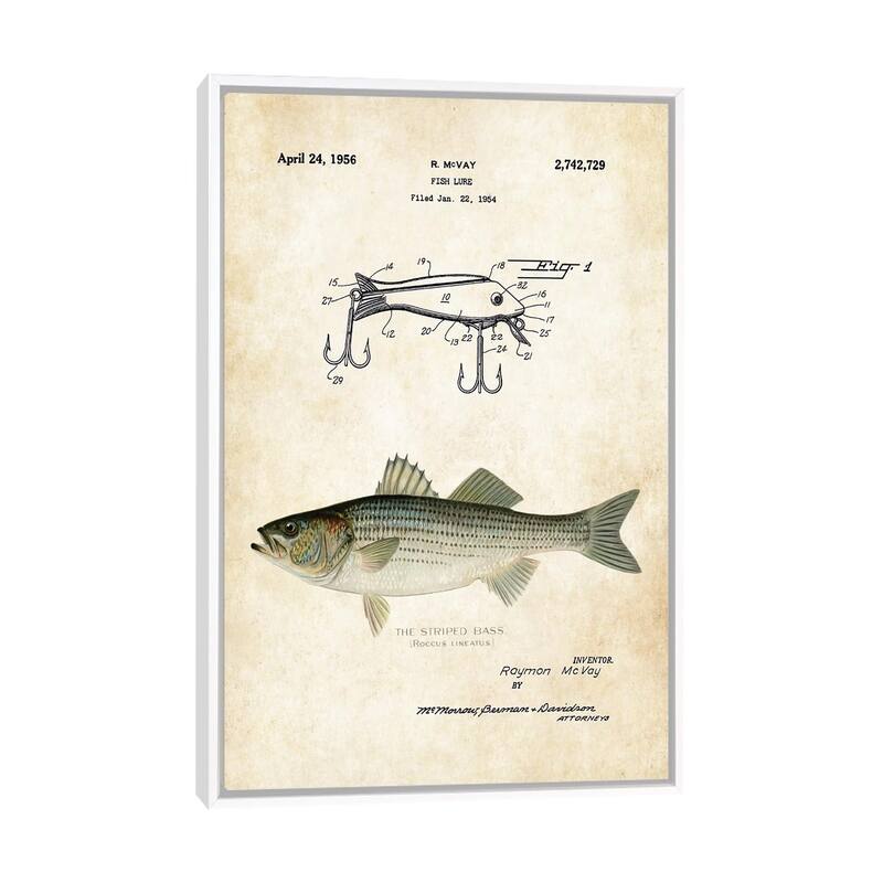iCanvas "Striped Bass Fishing Lure" by Patent77 Framed Canvas Print - White - 26x18