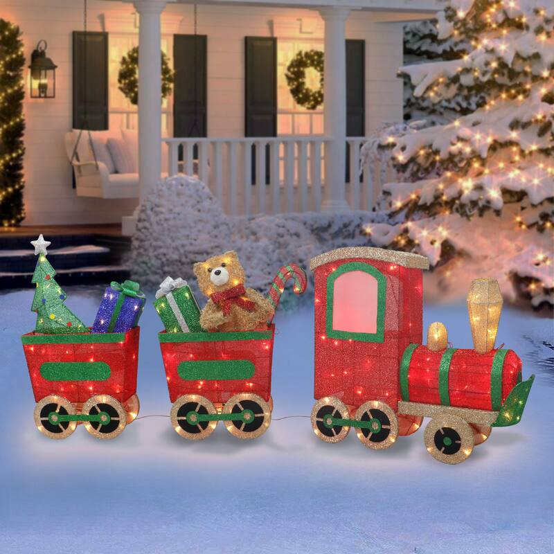 Puleo International Lighted Outdoor Wire Frame Train with Presents