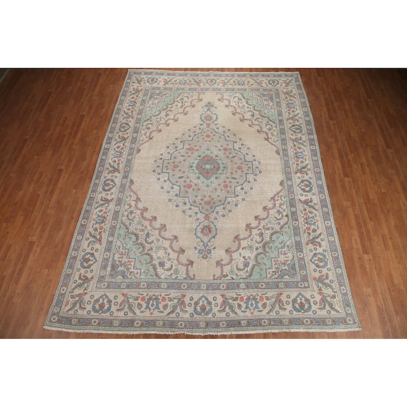 Hand Knotted Oriental 100% Wool Carpet Traditional Medallion Beige & Ivories Tabriz Area Rug - 12' 10'' X 9' 6''