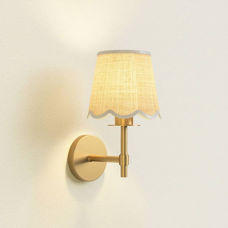 Rowabi Elan Cone Arm Sconce - Metal, Raffia & Natural Beige, Gold Wall Sconce for Bedroom, Hallway in Modern, Mid-Century Style - Clamp Cone Raffia Shade