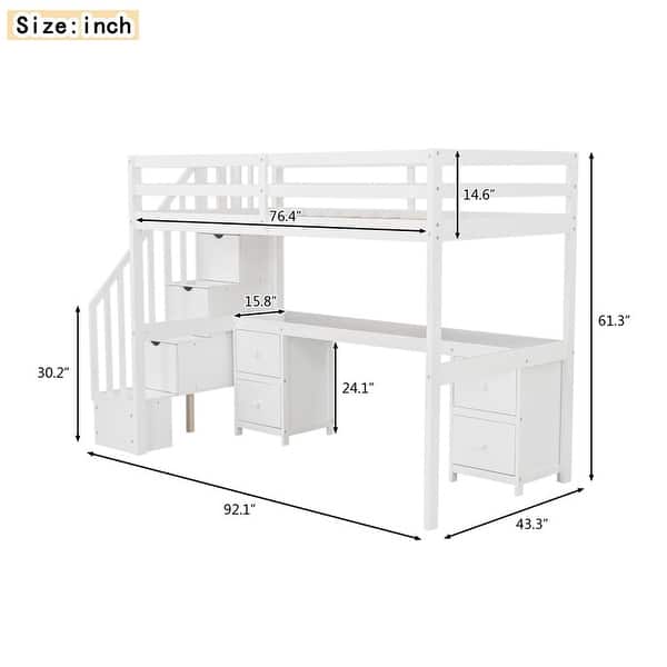 dimension image slide 1 of 2, Twin Size Loft Bed Frame with Built-in Desk and Double Storage Drawers