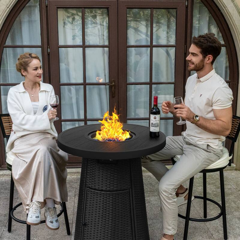 31.5" Wicker Propane Bar Height Fire Pit Table, 40,000 BTU Outdoor Round Gas Fire Table with Fire Glass Stone