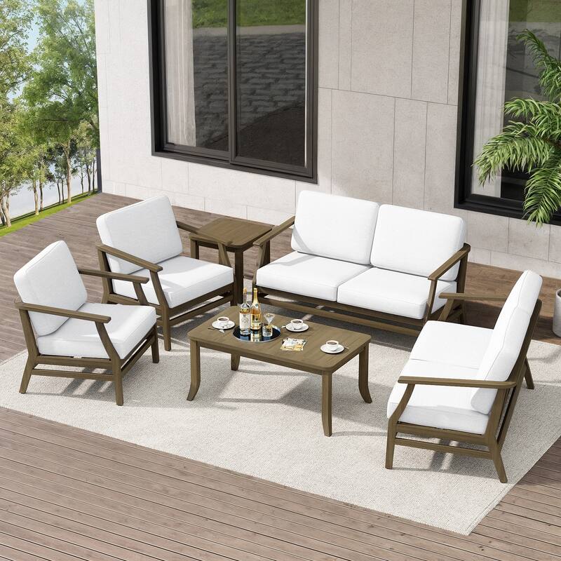 Teak Outdoor Patio Conversation Set with Cushions and Tables (6-Piece)