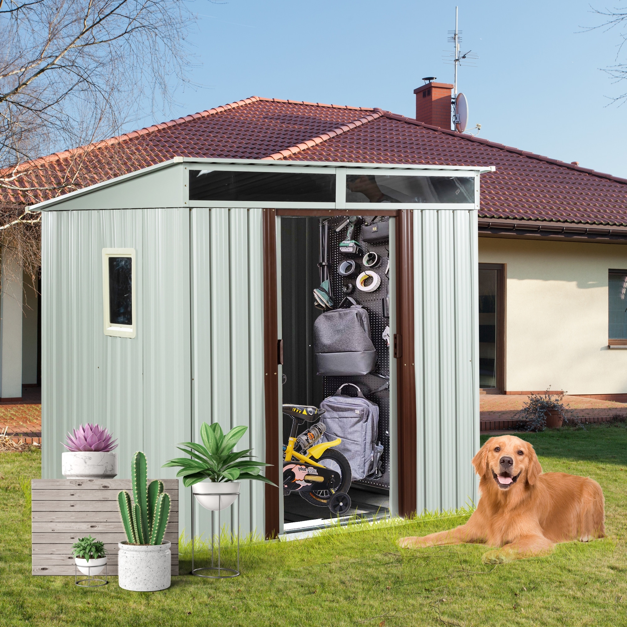 GDF Studio - Ardent Outdoor Metal Storage Shed with Window and Metal Foundation