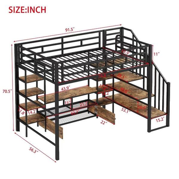 dimension image slide 1 of 2, Full Size Metal Loft Bed with Staircase, Low Storage Table and Storage Shelves, Black