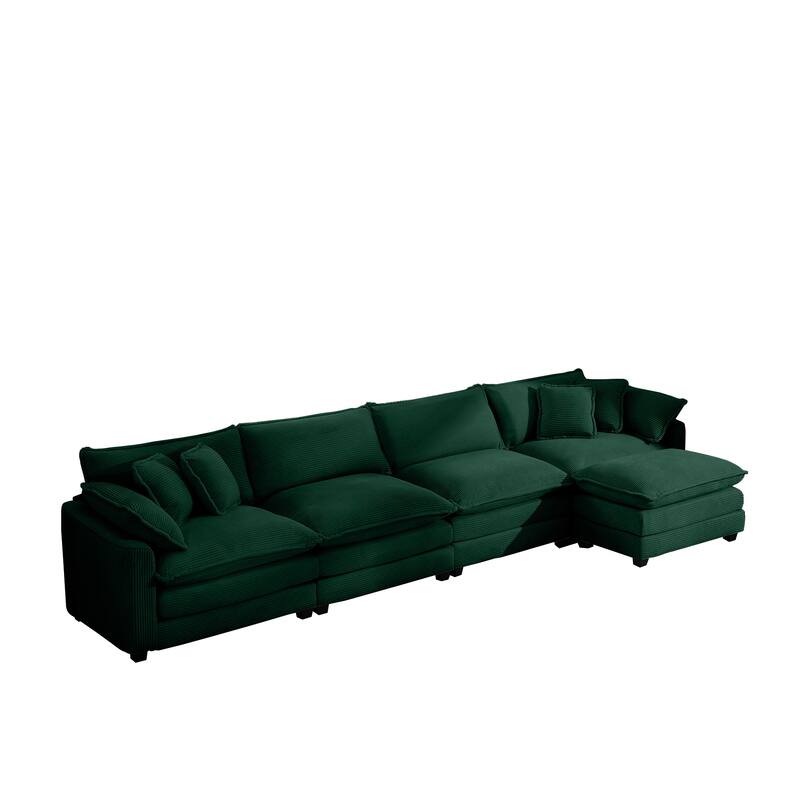 Comfortable 4-Seat Sectional Sofa with High-Resilience Foam & Matching Footstool - Corduroy Upholstery