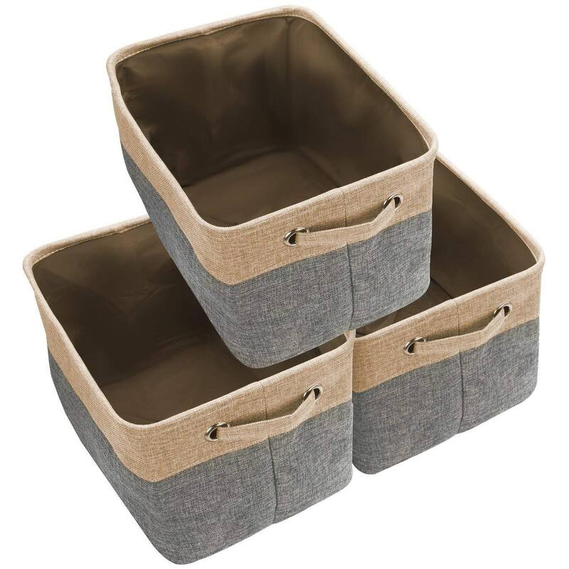 Storage Large Basket Set - Big Rectangular Fabric Collapsible Organizer Bin Box with Carry Handles (3-Pk Grey/Tan)
