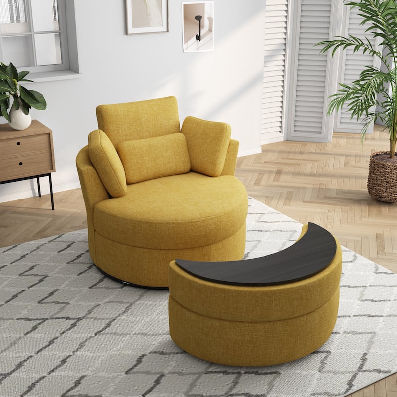 Upholstered Swivel Accent Chair with Wooden Tray Storage Ottoman