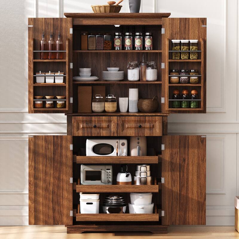 Roomfitters 71" Tall Kitchen Pantry Cabinet with 3 Pull-Out Organizers & 6 Door Shelves