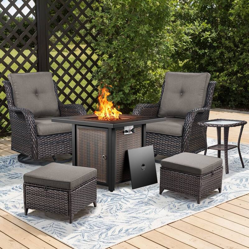 Gymojoy 6-Piece Fire Pit Set with Swivel Chairs, Ottomans & Side Table for Patio, Backyard, Deck - Brown Wicker / Grey Cusion - 6-Piece