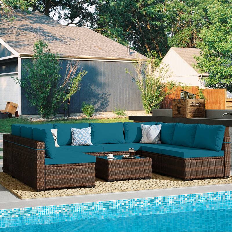 Patio Watcher Outdoor 8 Seater Rattan Sectional Set with Cusions and Coffe Table