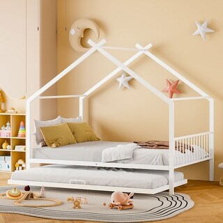 White Full Size Metal House Bed with Trundle and Roof for Kids, Boys and Girls, Bedroom