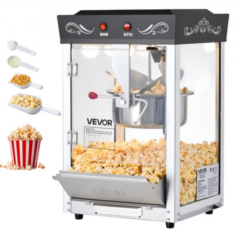 Black Stainless Steel 8oz Retro Popcorn Machine with 48 Cups Output - 14 L x 12 W x 21.5 H in.
