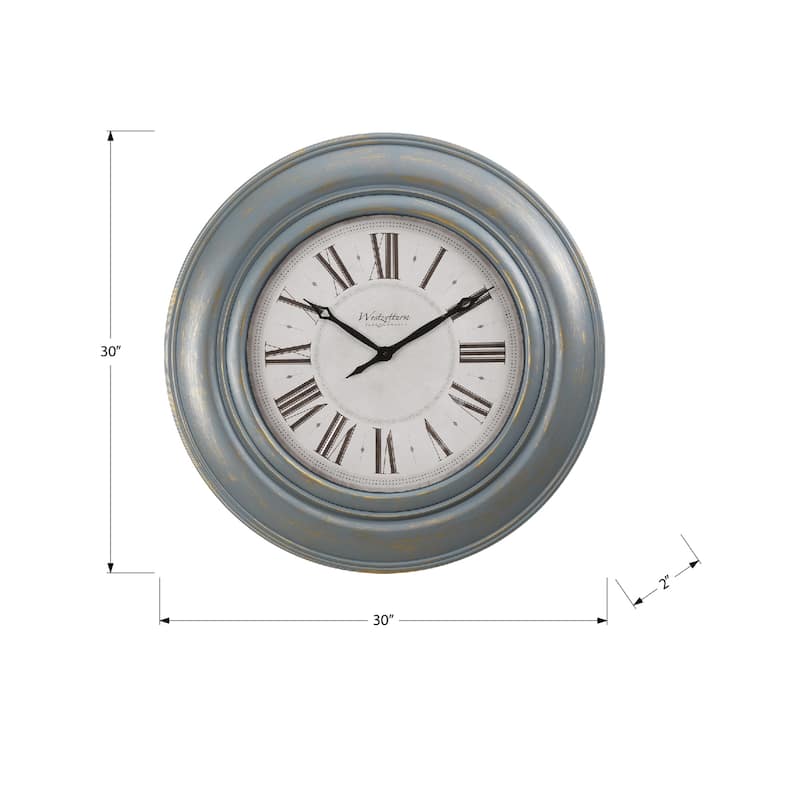 30" Large Round Wall Clock, Oversized Antique Blue, Transitional Design for Living Room or Office