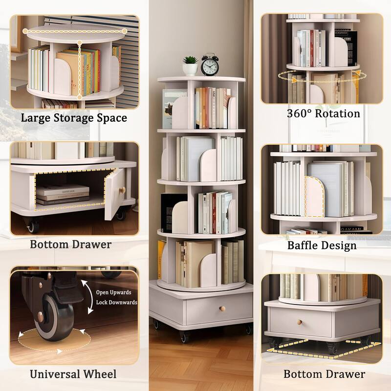 Rotating Wooden Bookcase with Drawer, 5-Tier Space-Saving Floor Shelf Organizer for Bedroom & Small Rooms