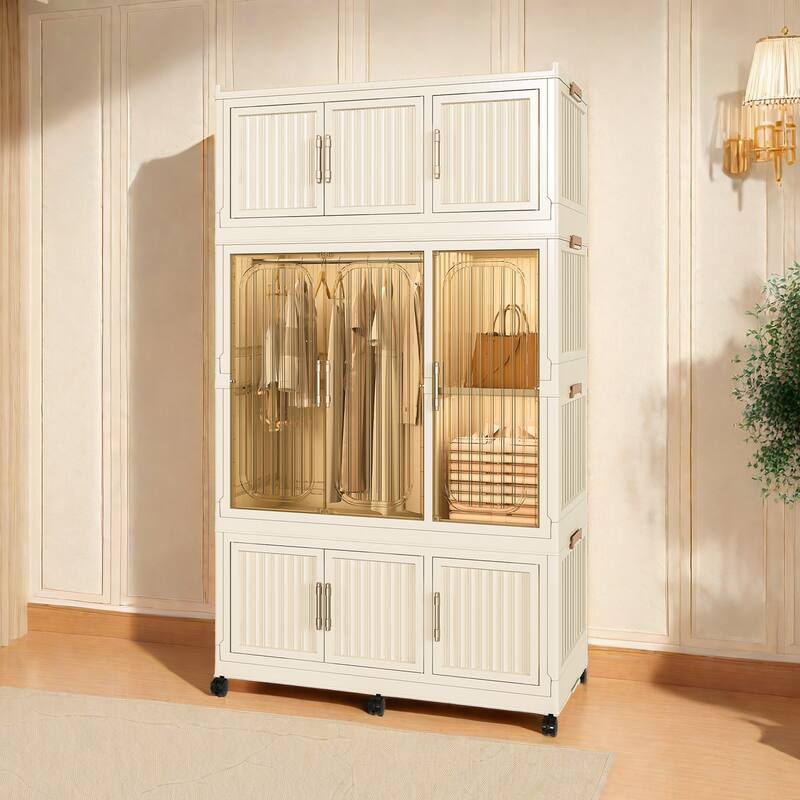 Anmytek Rolling Storage Cabinet Wardrobe with Hanging Rod Transparent Door Mobile Closet for Bedroom Nursery