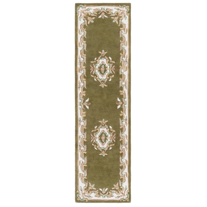 SAFAVIEH Handmade Aubusson Hale Traditional Wool Rug. - 2'3" x 8' Runner - Olive/Ivory