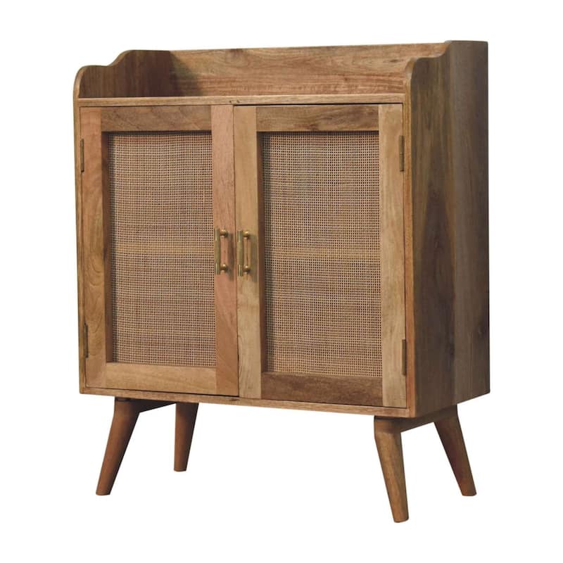HomeRoots 35" Brown Distressed Solid Wood Inlaid Rattan Accent Cabinet With Two Doors