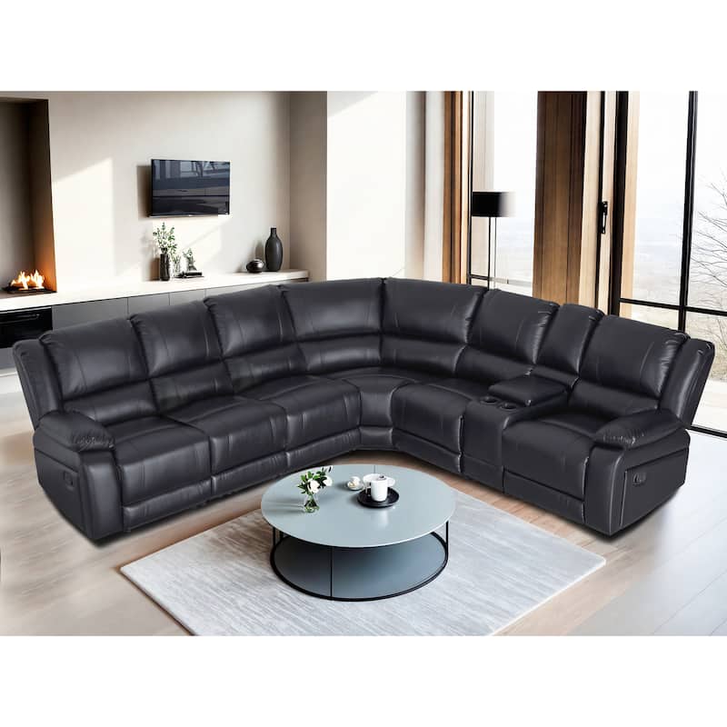 129''W Faux Leather 6-Seat Large Manual Reclining Sectional Sofa - Black(6St+1Console)