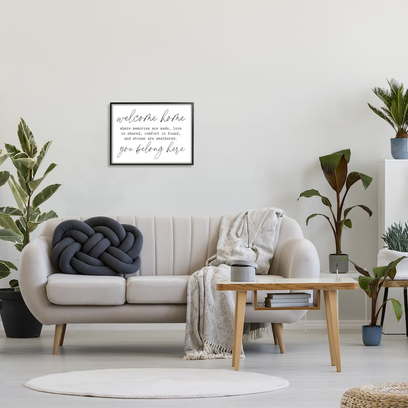 Stupell Welcome Home Belonging Family Quote Casual Script Framed Wall Art, Design by Lettered and Lined - White