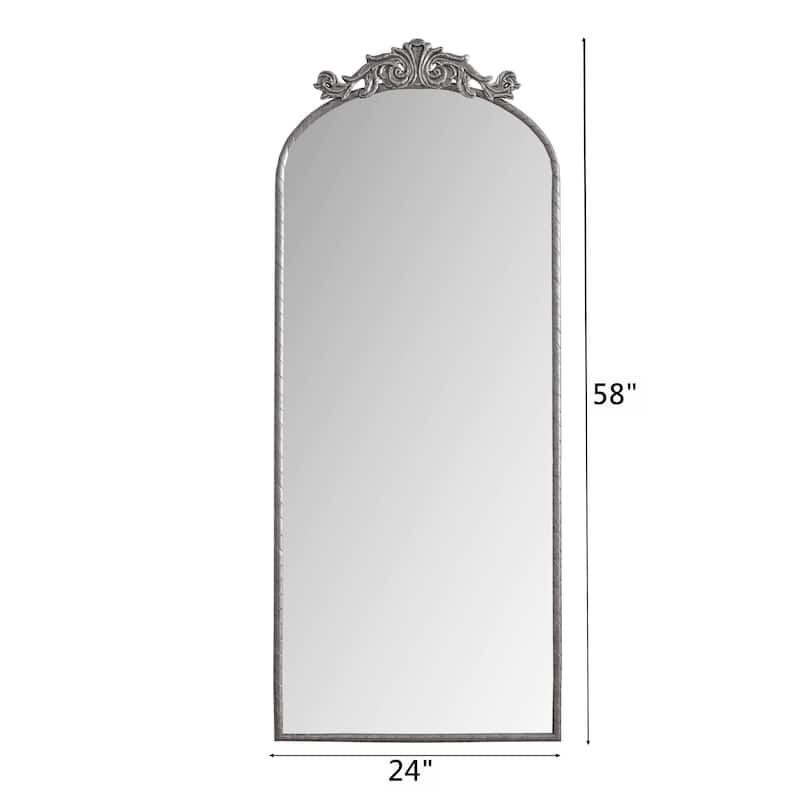 58"x24" Arched Full Body Hanging Wall Mounted Mirror with Vintage Ornate Carved Applique on Top