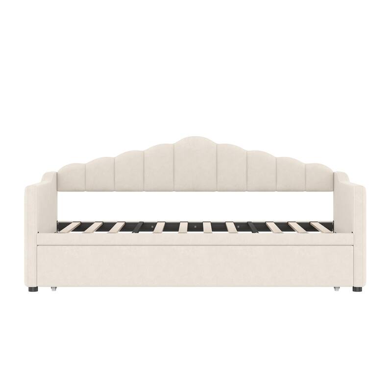 Upholstered Twin Size Daybed w/Adjustable Height Pop Up Trundle Bed