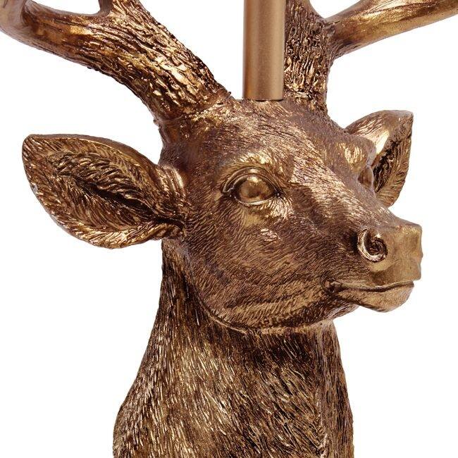 Copper Deer Head Table Lamp Rustic Style White Fabric Shade Accessible Switch - 9.50” x 9.50” x 17.25”