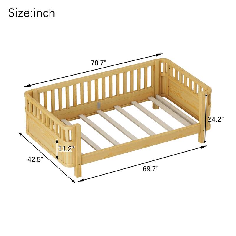 Kids Platform Bed Toddler Low Platform Wood Bed with Removable Guardrail, Rounded Corner Design Bed Frame to Protect Children