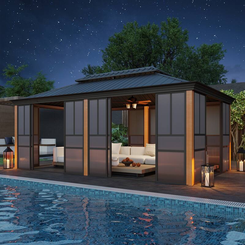 Outdoor Hardtop Sunroom Gazebo with Double Roof & Sliding Doors, All-Season Aluminum Outdoor Pergola, PE Screens&Lockable Design