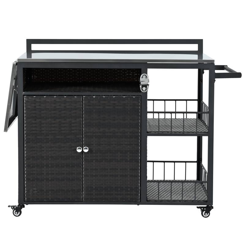 Roomfitters 63.5" Outdoor Kitchen Island Grill Cart with Foldable Side Tabletop and Ample Storage, Dark Brown