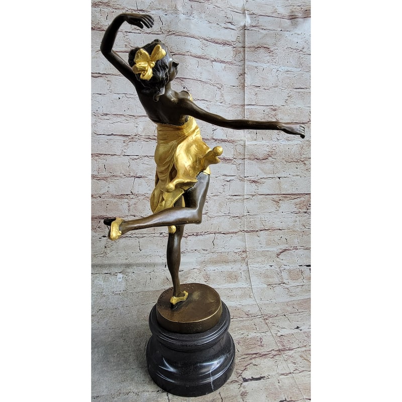 Art Deco Female Dancer Girl With Bow In Hair Gold Patina Bronze Statue Sculpture On Marble Base