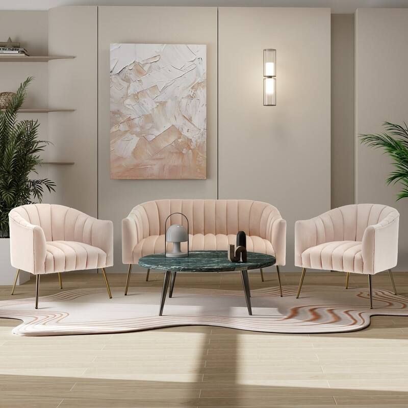 SEYNAR Modern Velvet Upholstered 3 Piece Living Room Set with Golden Legs - Beige