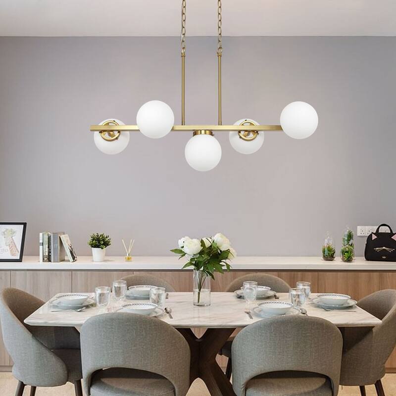 Modern Chandelier Sputnik Brass 5-Light Opal Glass 36"