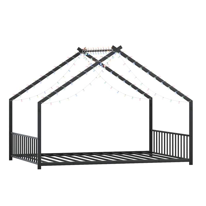 Full Size Children'S Bed Frame With Led Light Strips,Roof-Shaped Iron Frame Bed