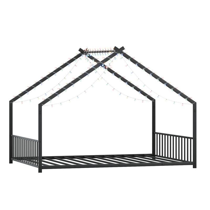 Full size children's bed frame with LED light strips, Roof-shaped iron frame bed