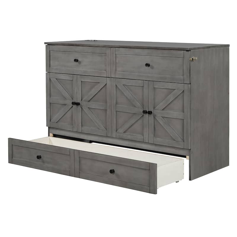 Gray Queen Size Murphy Bed with Large Storage Drawers and USB Ports
