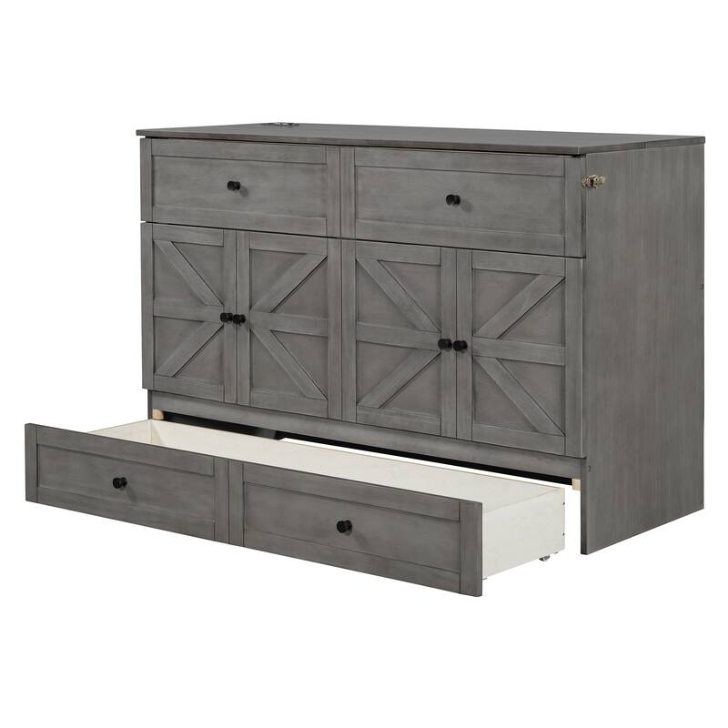 Queen Size Space-Saving Murphy Bed with Storage Drawers and USB Ports, Brushed Gray