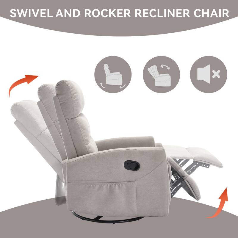 Roomfitters Swivel Rocker Recliner Chair Manual 360 Degree Glider Lounge Sofa Padded Fabric Armchair for Living Room
