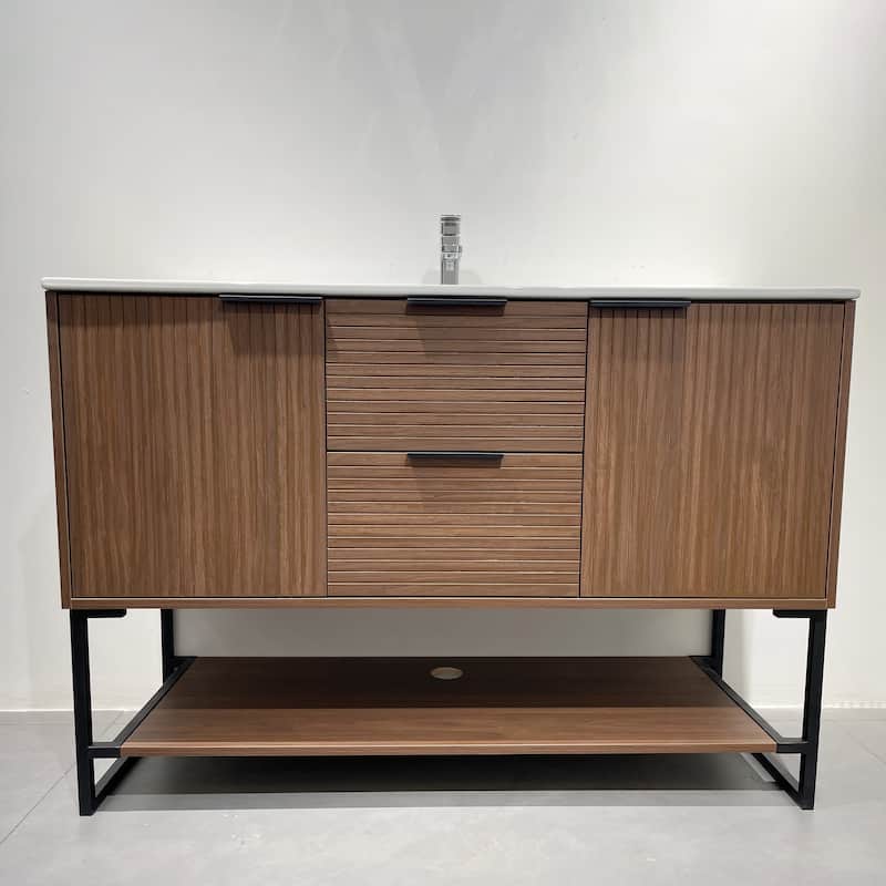 47'' Single Bathroom Vanities with White Stone Top, Brown Solid Wood