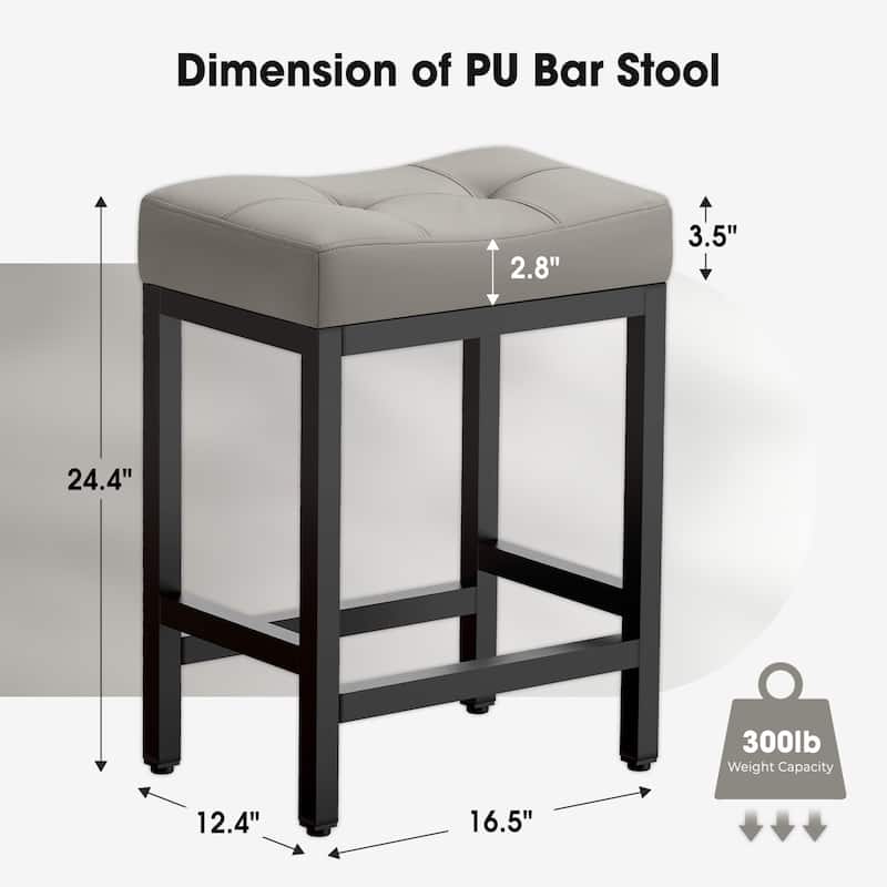 Upholstered PU Leather Bar Stools Set of 2, 24" Counter Height Saddle Bar Stools