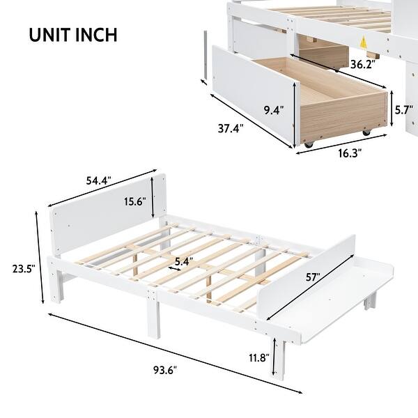dimension image slide 3 of 4, Stylish Twin/ Full Size Platform Bed Frame with Footboard Bench and 2 Storage Drawers, Pine Wood Platform Bed Frame for Bedroom