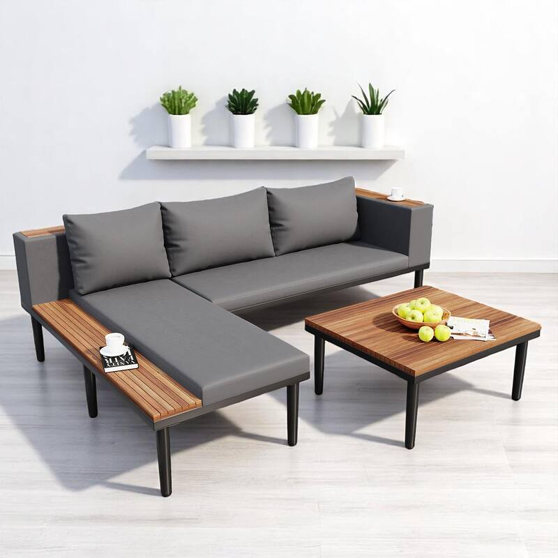 3-Piece Outdoor Sofa Set with Acacia Wood Frame, Side Table & Coffee Table, Weather-Resistant Cushions, Patio Conversation Set - Gray