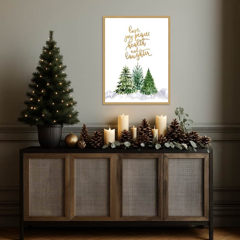 Christmas trees with holiday wishes by Rosana Laiz Blursbyai (23 x 30 in.), Framed Canvas Wall Art Print - Sylvie Bright Gold