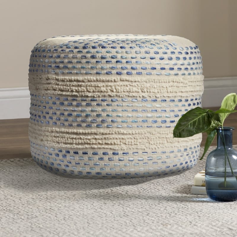 18" Soft Upholstered Striped Pouf Ottoman Blue Cotton Blend Accent for Living Room Decor